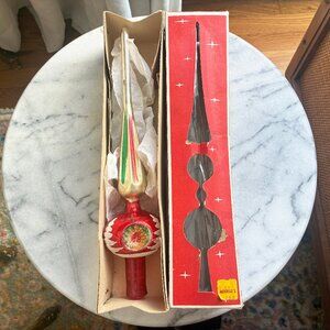 Vintage Poland Indent Red Silver 11" Glass Christmas Tree Topper Feather Medium